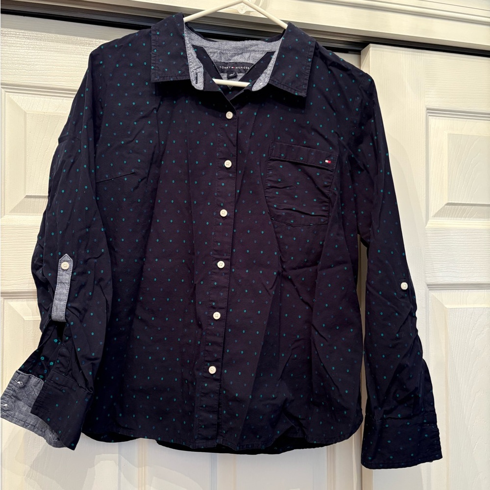 Tommy Hilfiger Womens Navy Polka Dot Button Up Shirt, L
